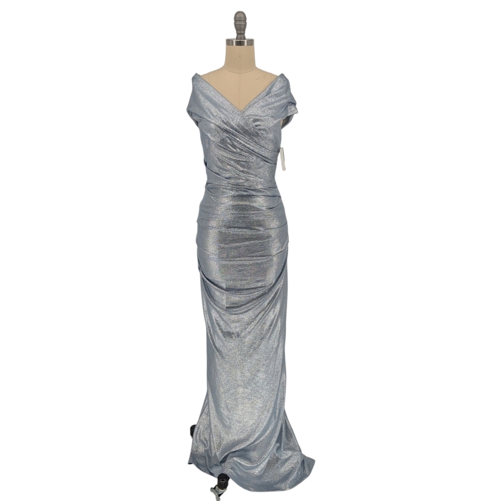 01433 Eliza J Sparkle Ruched Maxi Dress Silver Size 2 formal wedding black tie